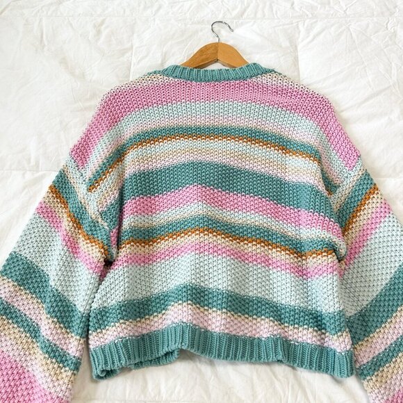 Show Me Your Mumu Good Karma Sherbert Stripe Knit Cardigan Size Large Pink Green - Picture 11 of 11